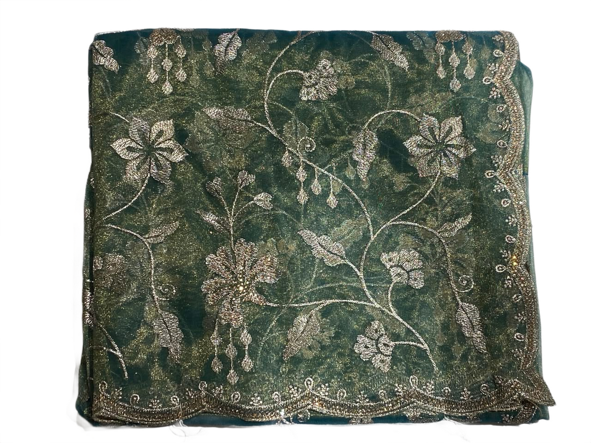 Elegant Sage Green Floral Embroidered Saree with Delicate Lace Border
