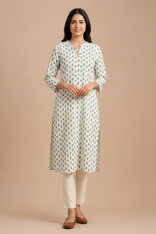Women’s White & Purple Floral Printed Straight Kurta with Pant