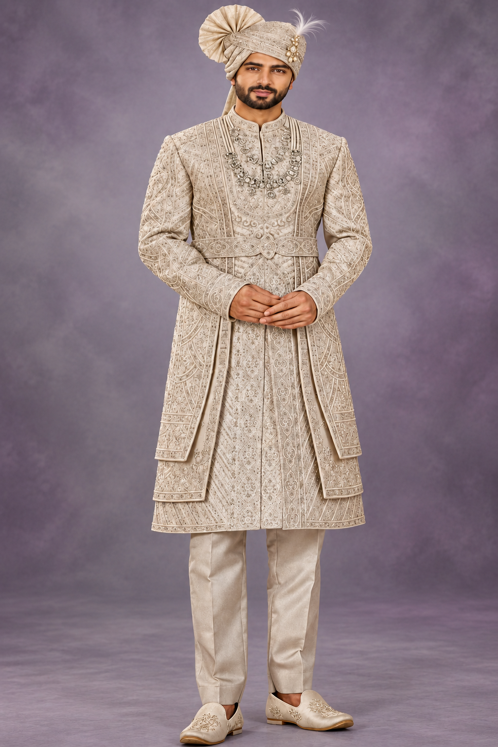 Elegant Ivory Embroidered Groom Sherwani