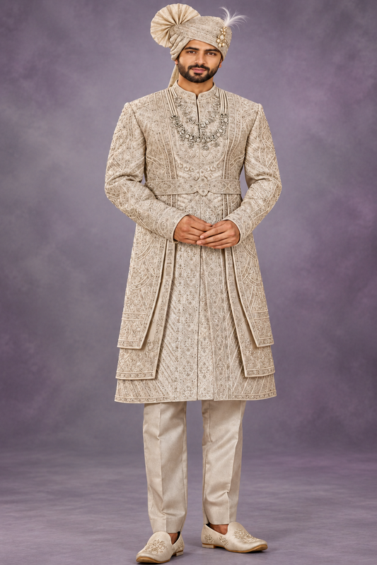 Elegant Ivory Embroidered Groom Sherwani