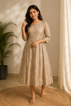 Women’s Beige Embroidered Flared Midi Dress