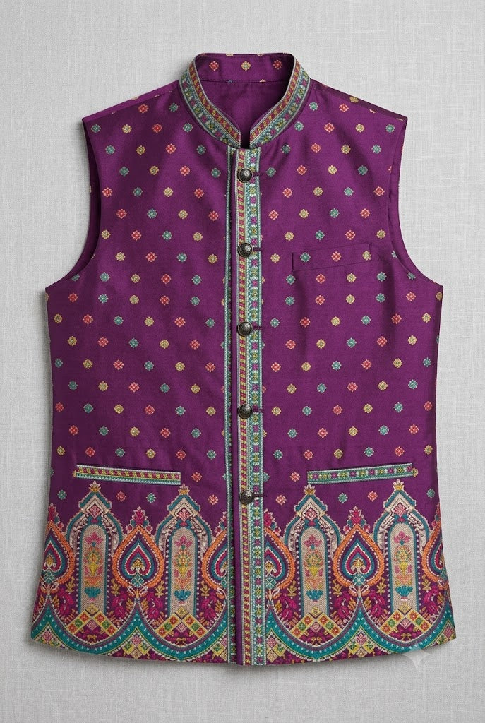 Royal Purple Printed Nehru Jacket for Men