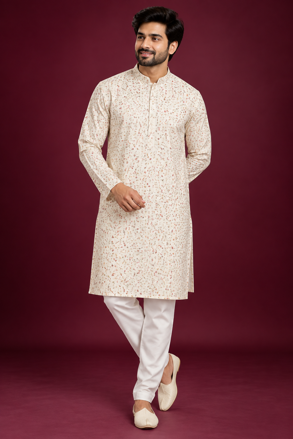 Ivory Micro Printed Festive Kurta