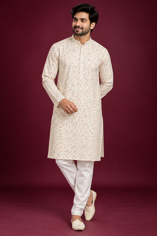 Ivory Micro Printed Festive Kurta