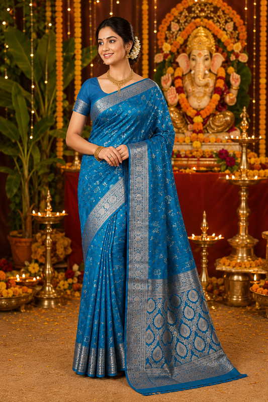 : Royal Teal Blue Silver Zari Festive Saree