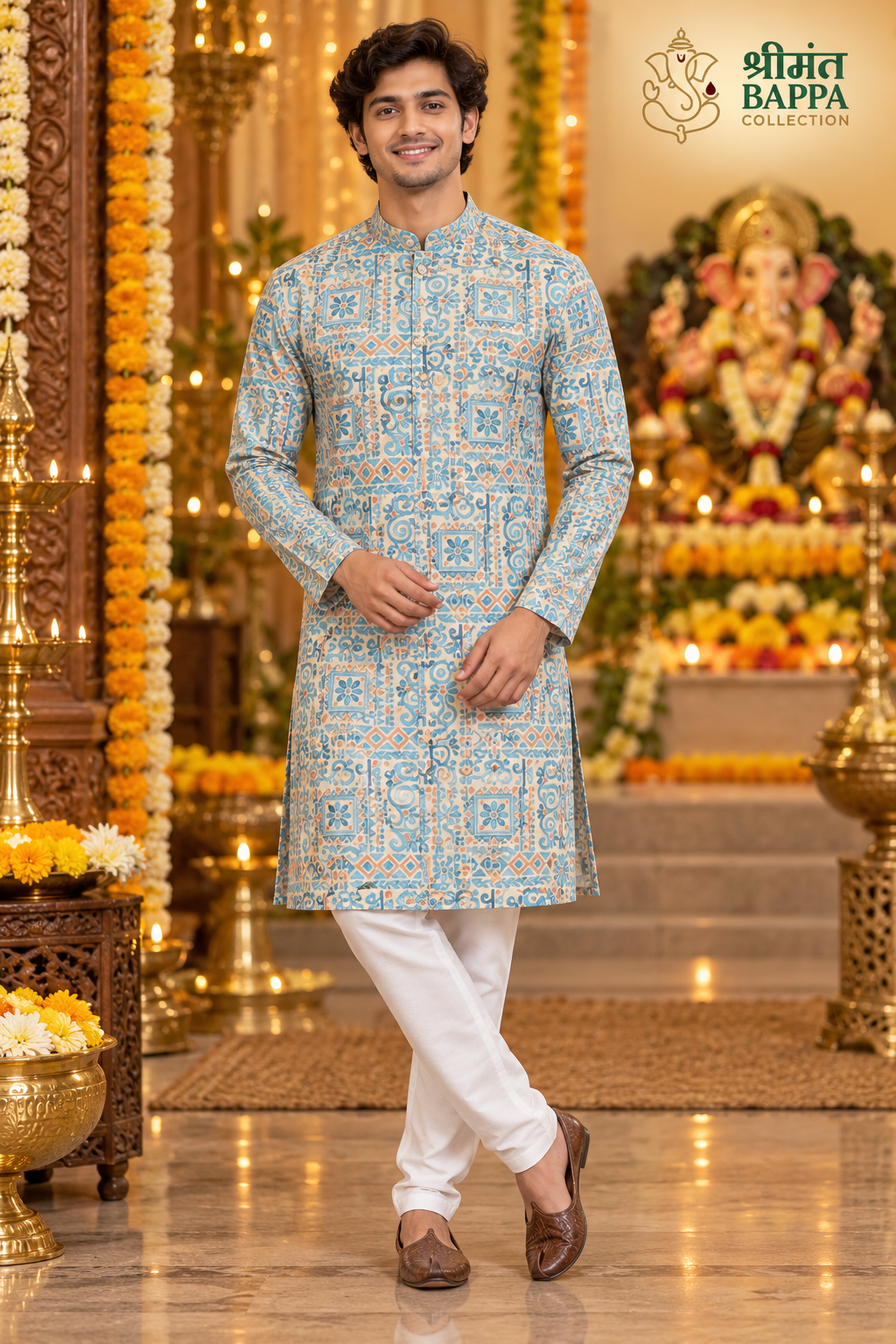 Men's Blue and Beige Geometric Print Long Sleeve Kurta