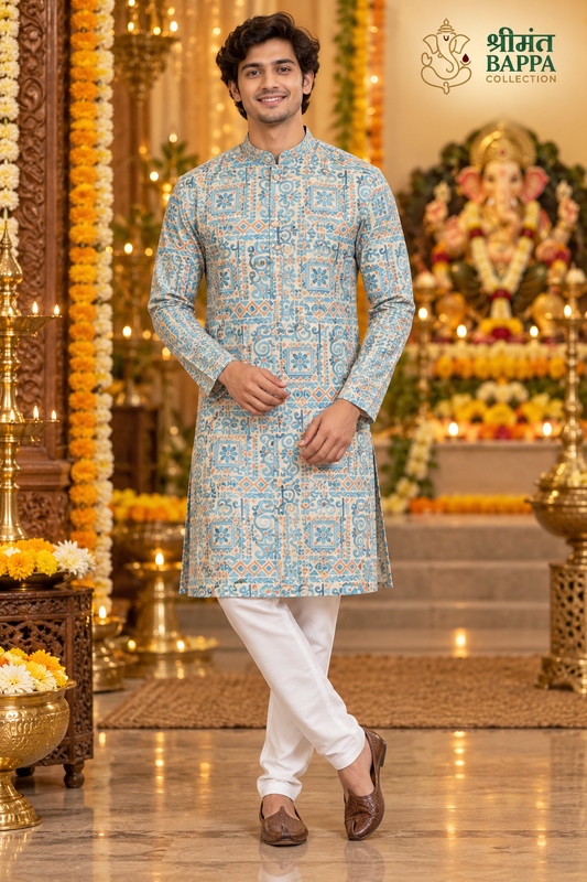 Men's Blue and Beige Geometric Print Long Sleeve Kurta