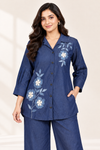 Women's Navy Blue Floral Embroidered Denim Co-Ord Set