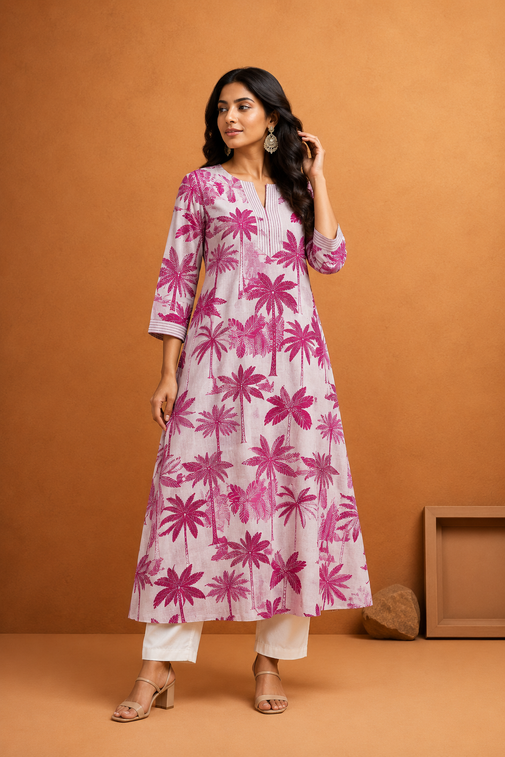 Women's  Tropical Print Anarkali Kurta with Off White Pants