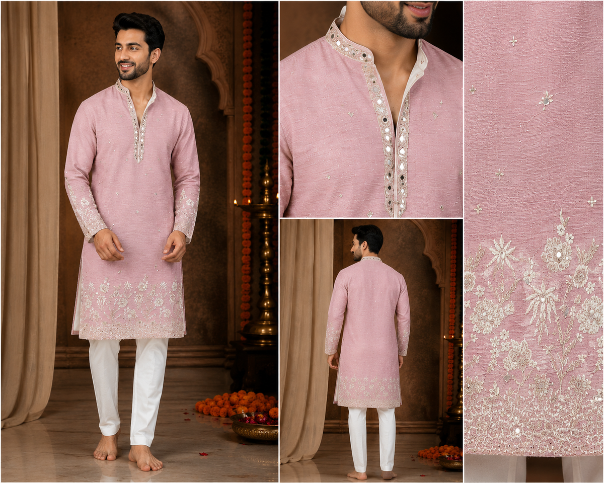 Pastel Pink Embroidered Festive Kurta Set
