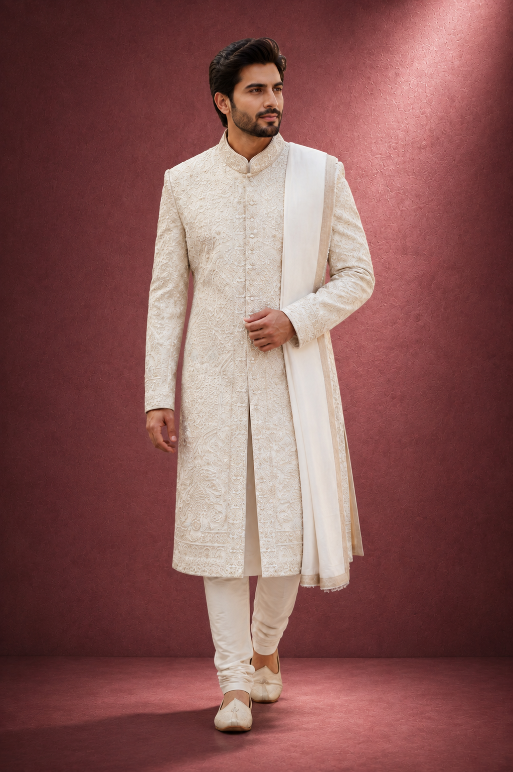 Royal Ivory Embroidered Groom Sherwani Set