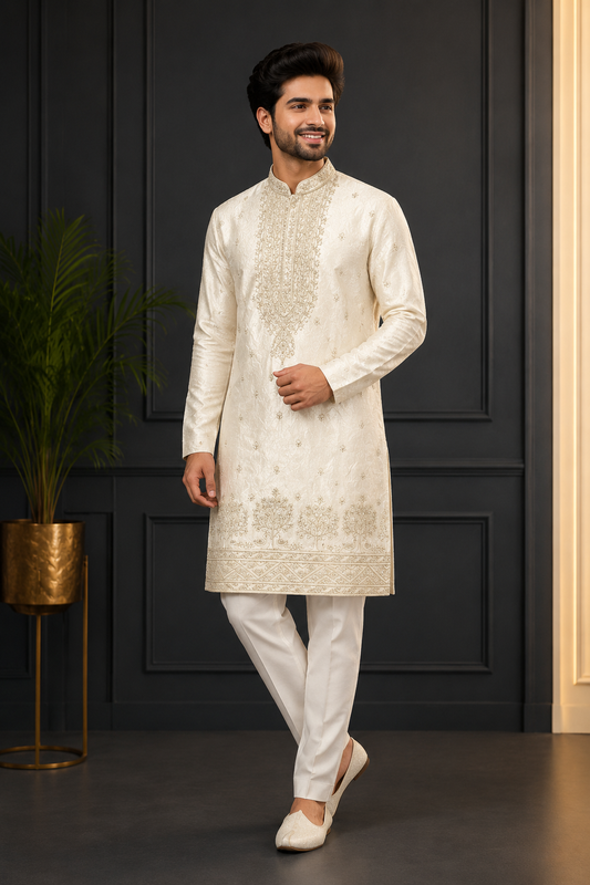 Ivory Gold Embroidered Premium Festive Kurta Set for Men