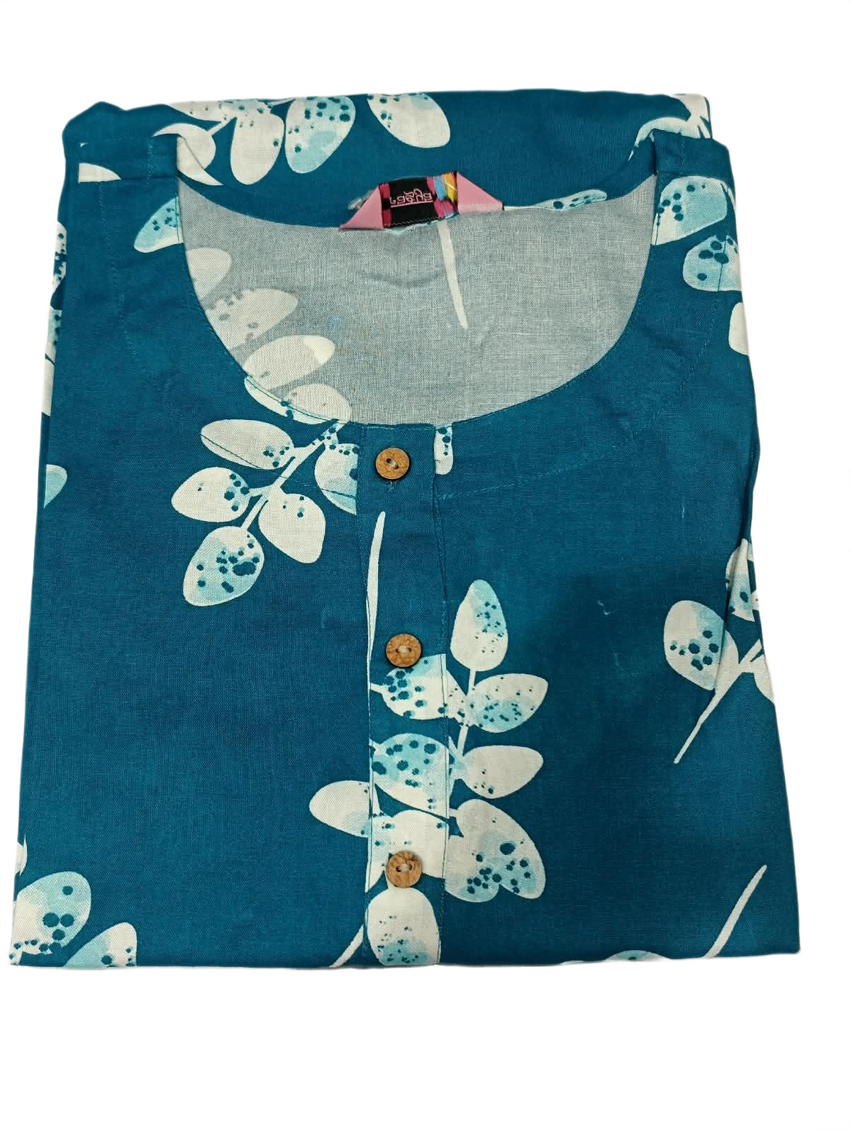 Women's Teal Blue Leaf Printed Straight Cotton Kurti