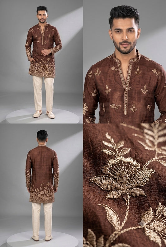 Brown Embroidered Festive Kurta Set
