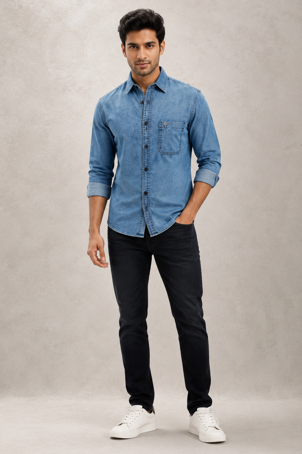 Men’s Light Blue Washed Denim Full-Sleeve Shirt