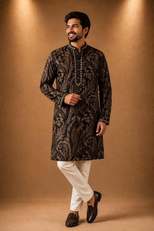 Royal Black & Gold Paisley Kurta