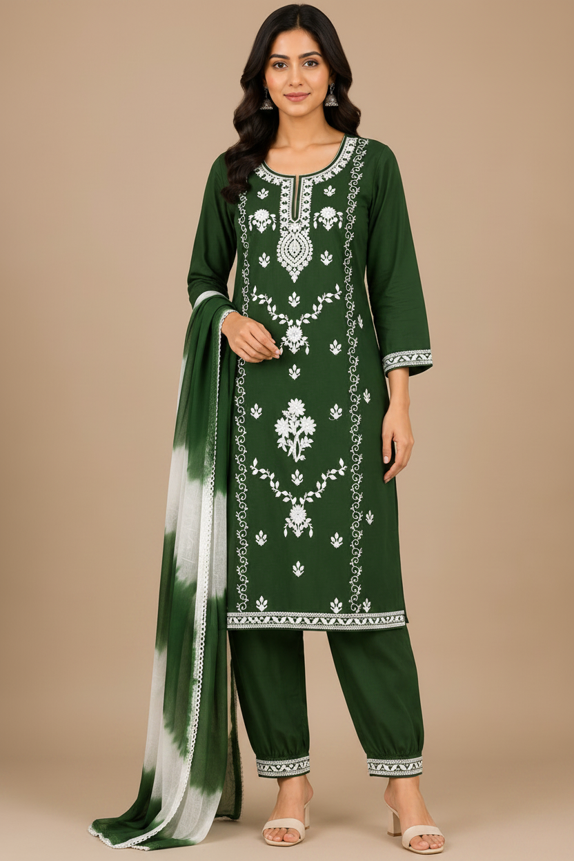 Women  Embroidered Kurta Pant Dupatta Set