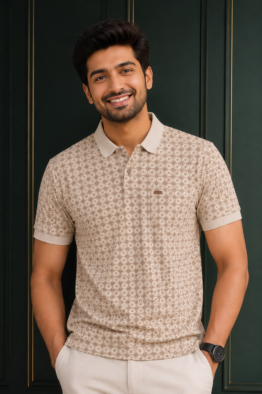 Men's Beige Geometric Print Polo T-Shirt | Premium Cotton Casual Wear