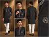 Black Embroidered Cotton-Silk Kurta Set for Men
