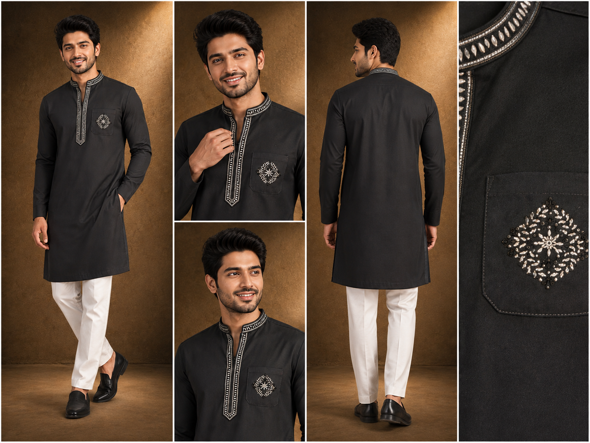 Black Embroidered Cotton-Silk Kurta Set for Men