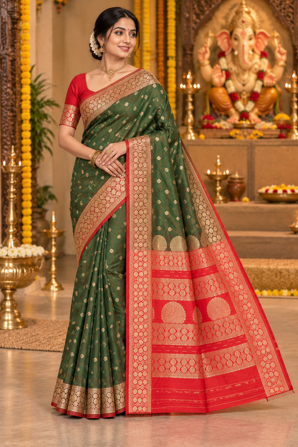 Regal Green & Red Zari Saree