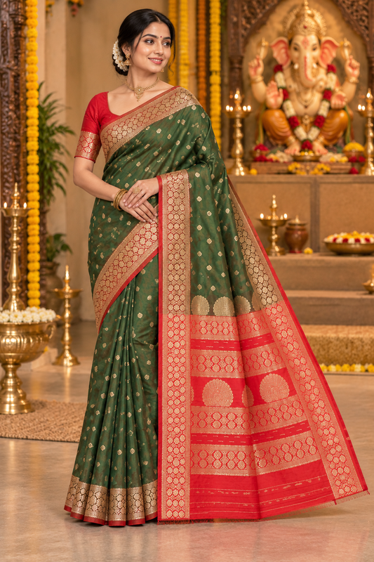 Regal Green & Red Zari Saree