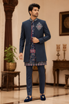 Navy Blue Embroidered Indo-Western Kurta Jacket Set