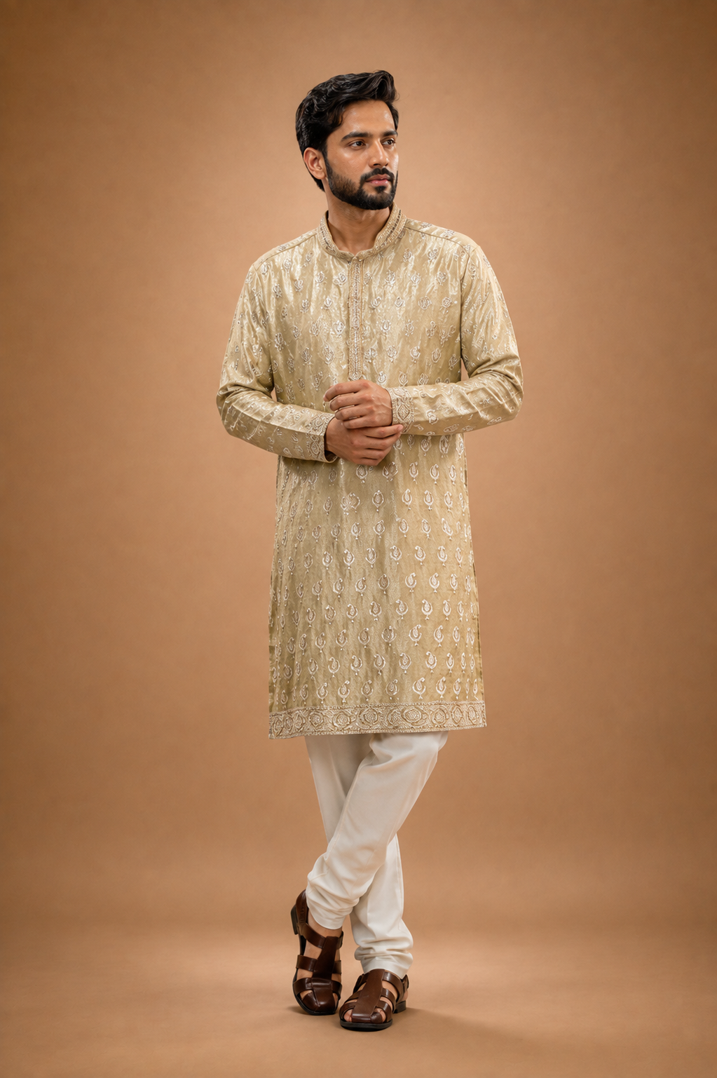 Beige Embroidered Men’s Festive Kurta