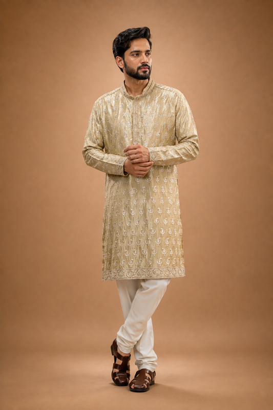 Beige Embroidered Men’s Festive Kurta