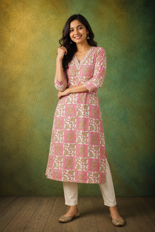 Elegant Pink Printed Cotton Kurti for Women | Ethnic Casual Wear