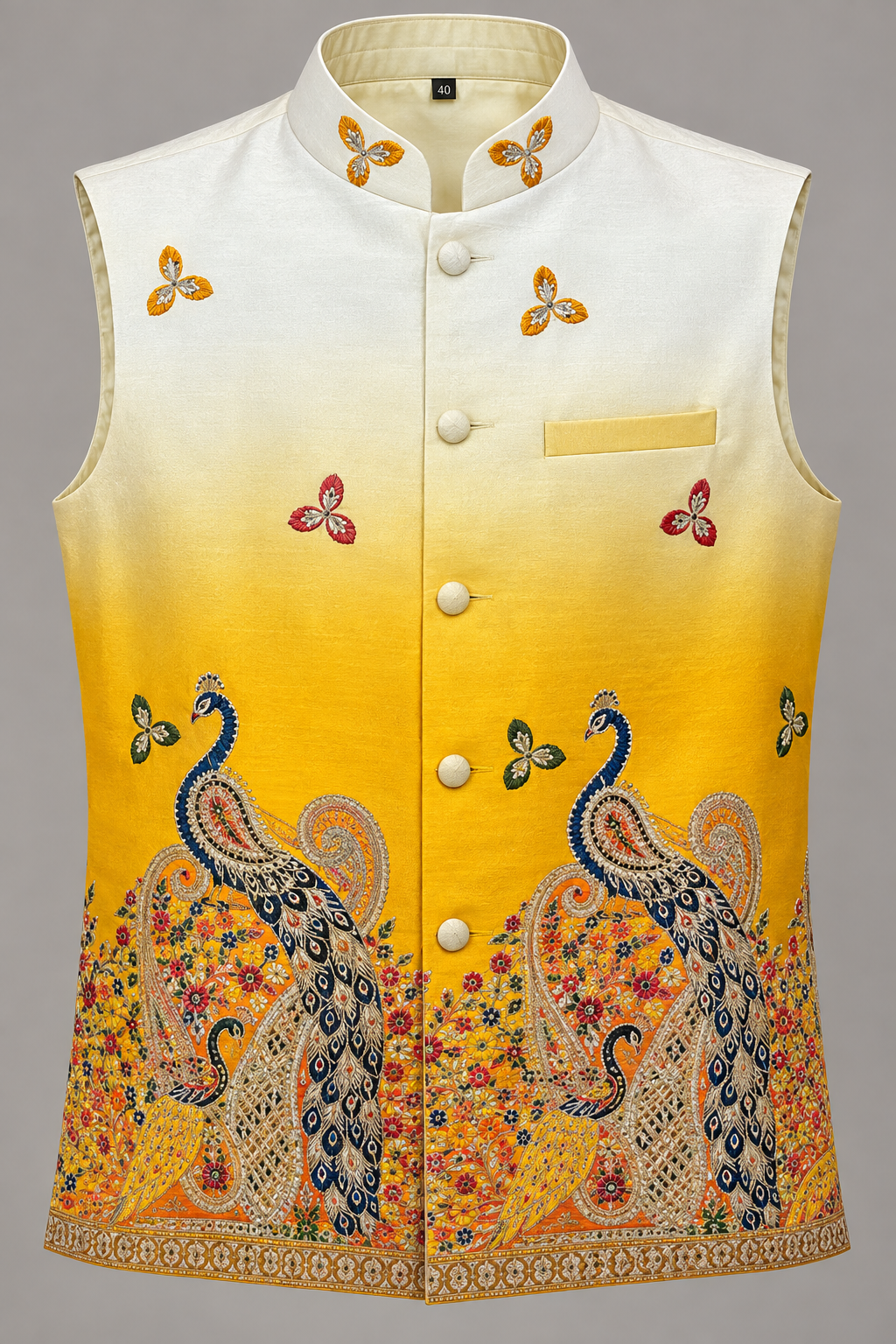 Ivory to Mustard Yellow Peacock Embroidered Modi Jacket