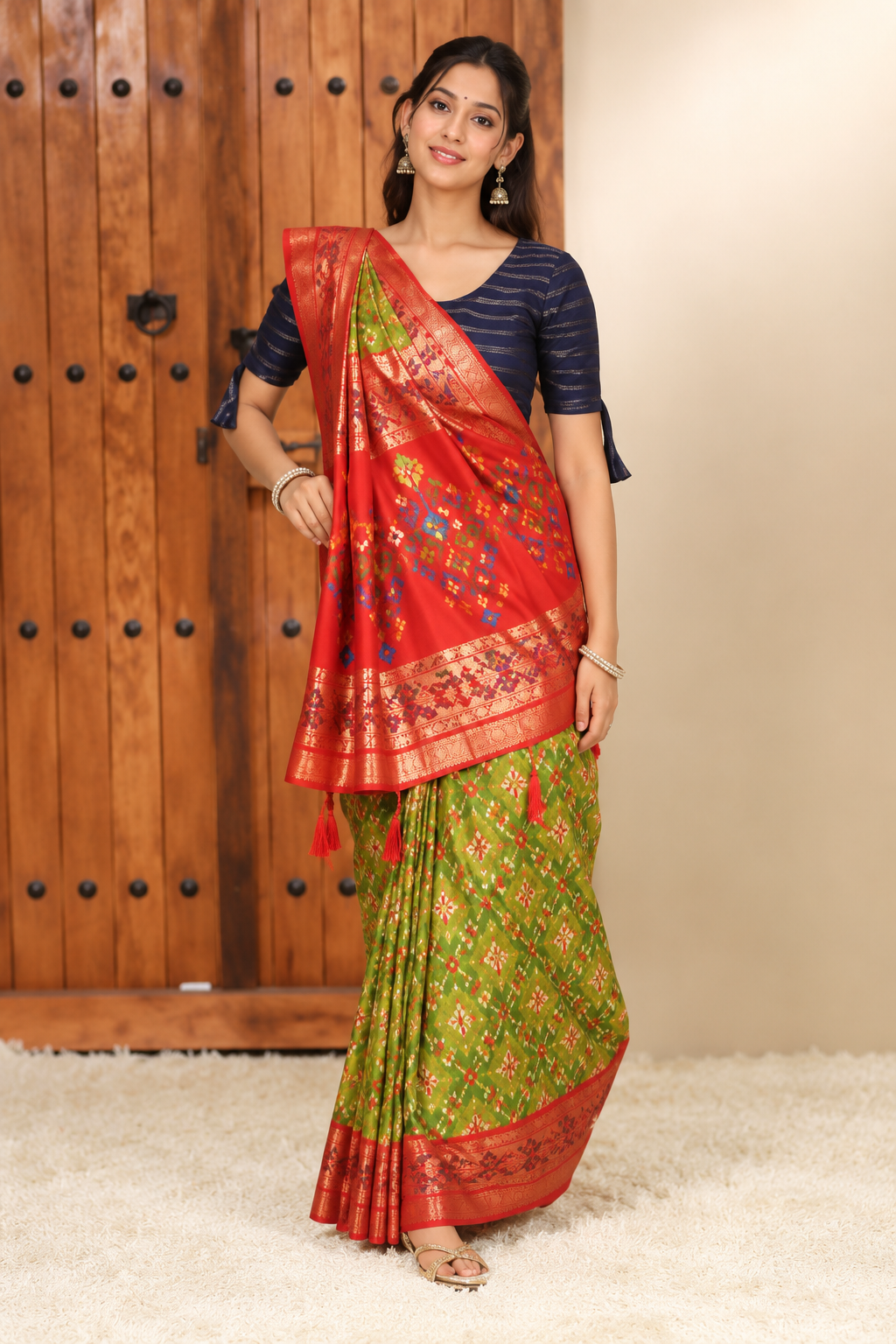 Elegant Green & Red Festive Silk Saree