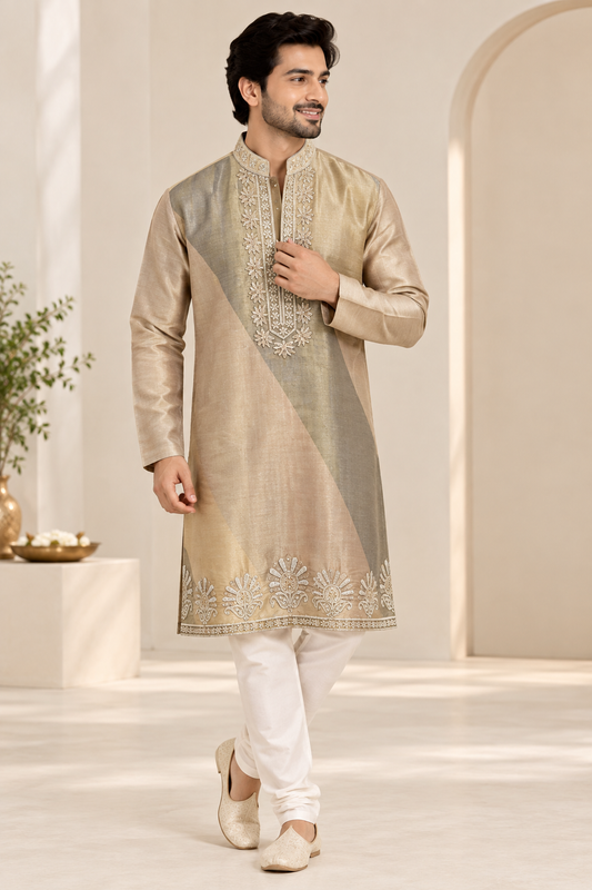 Men’s Beige & Taupe Embroidered Festive Kurta Set