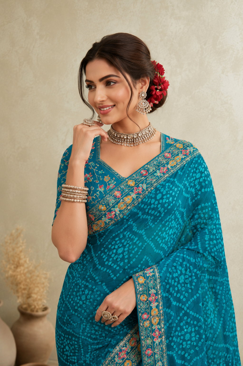 Royal Teal Floral Border Saree – Elegant Ethnic Collection