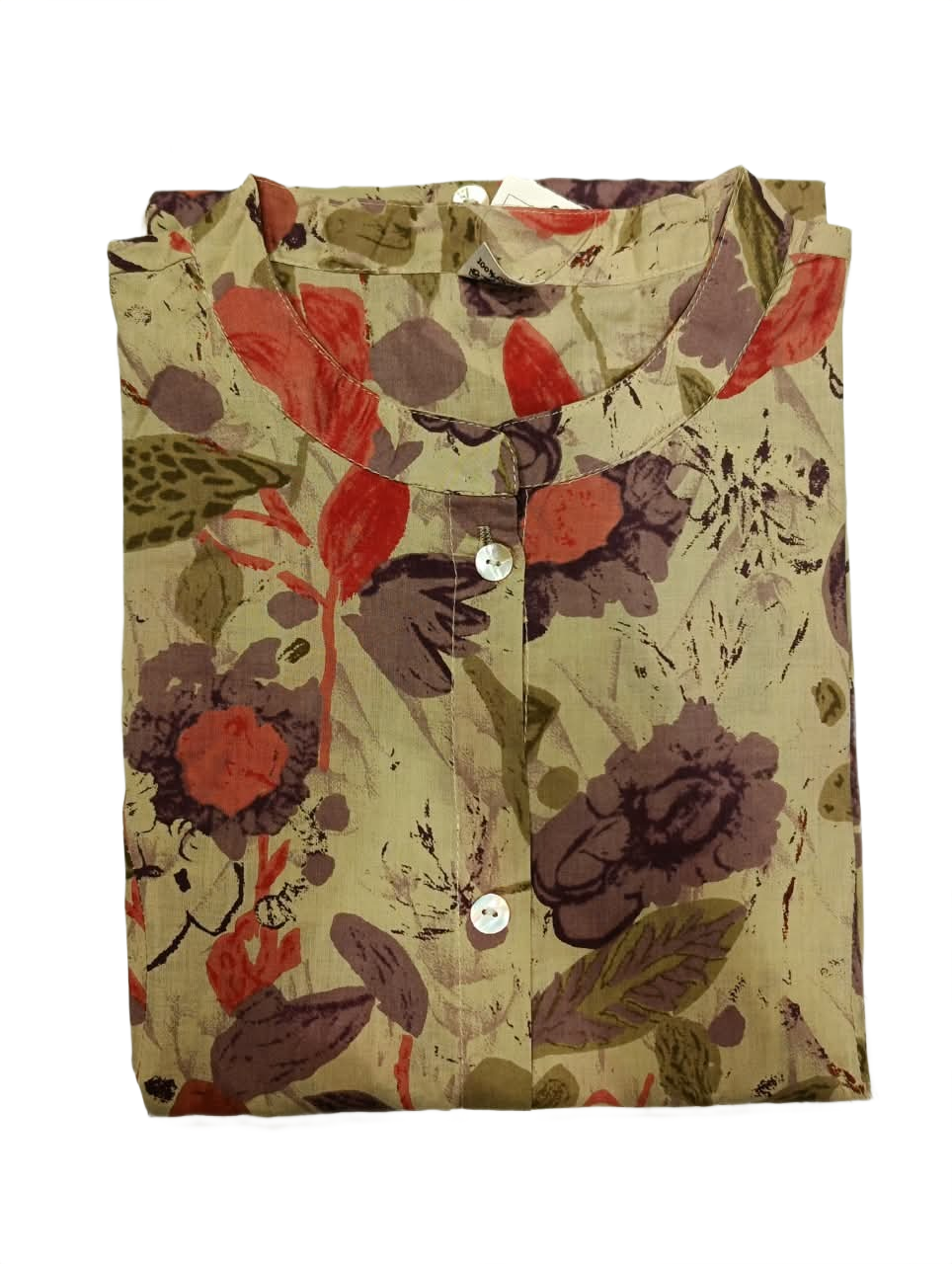 Beige Floral Button-Down Kurti & Wide-Leg Trouser Set
