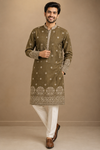 Olive Brown Embroidered Festive Kurta for Men