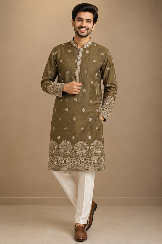 Olive Brown Embroidered Festive Kurta for Men