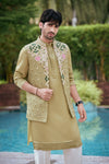 : Olive Embroidered Modi Jacket with Kurta Set