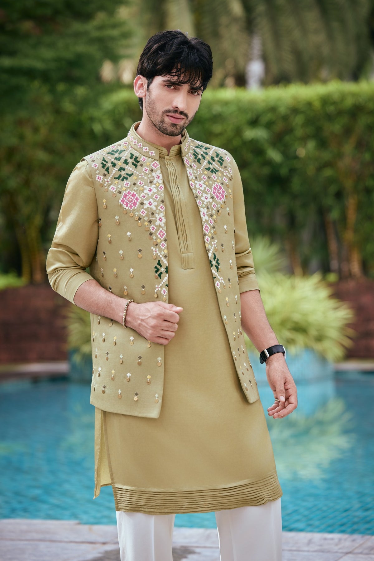 : Olive Embroidered Modi Jacket with Kurta Set