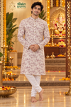 Men's Off-White and Purple Floral Print Long Sleeve Kurta