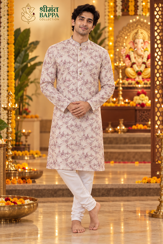 Men's Off-White and Purple Floral Print Long Sleeve Kurta
