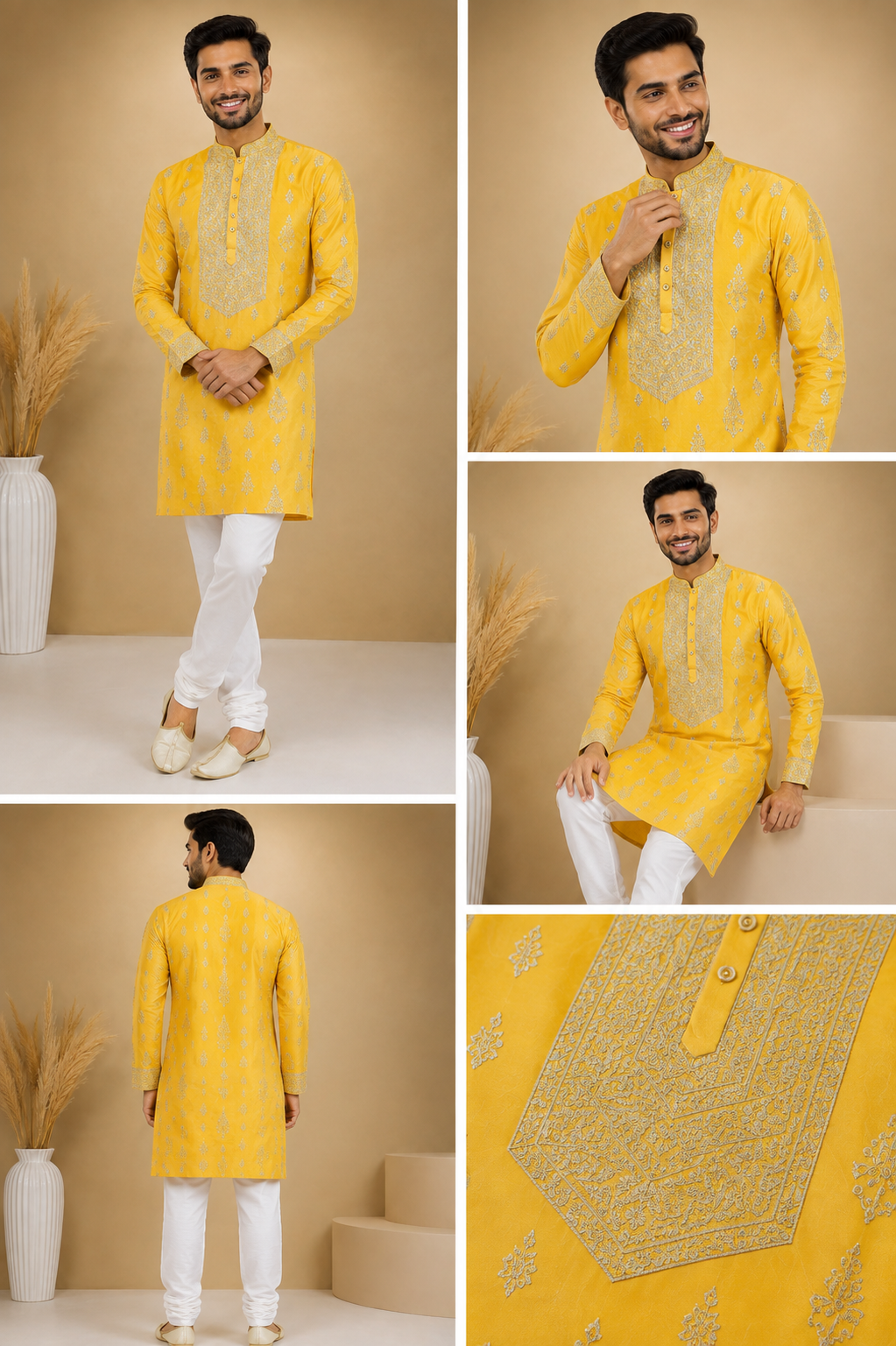 Men’s Mustard Yellow Embroidered Festive Kurta Set