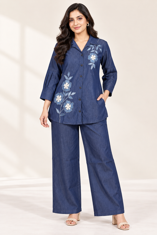 Women's Navy Blue Floral Embroidered Denim Co-Ord Set