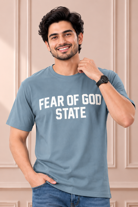Fear of God State Oversized Printed T-Shirt | Dusty Blue Premium Cotton Casual Tee