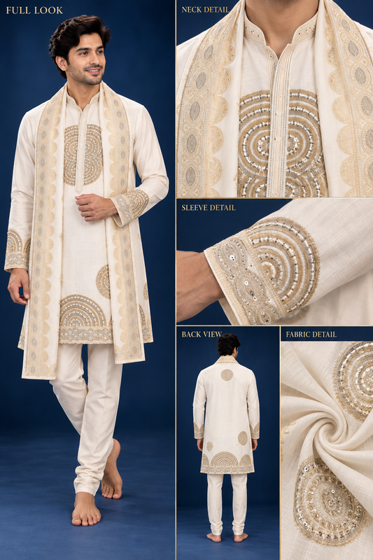 Ivory Embroidered Kurta with Stole Set