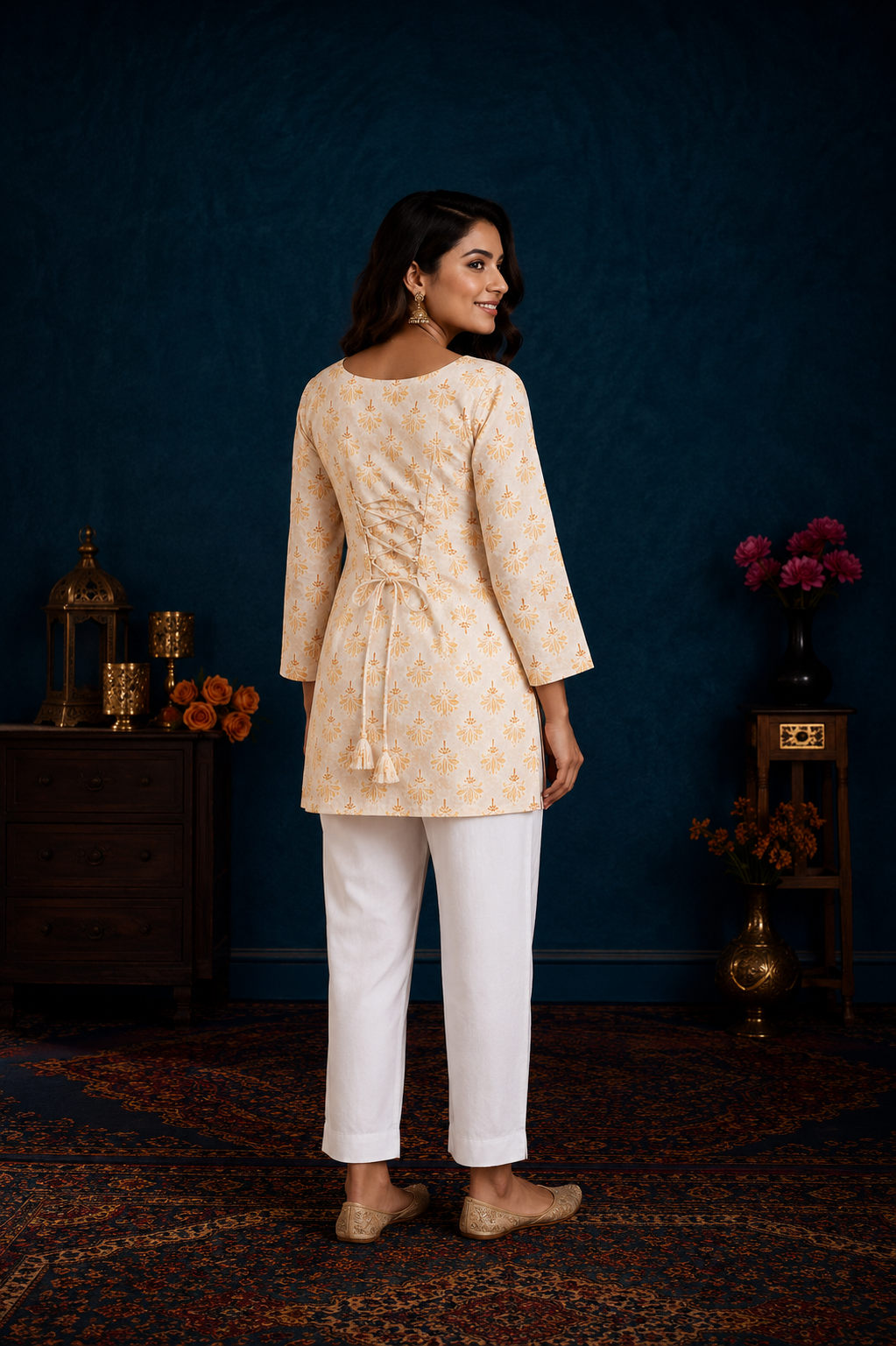 Elegant Cream Beige Floral Print Short Kurti