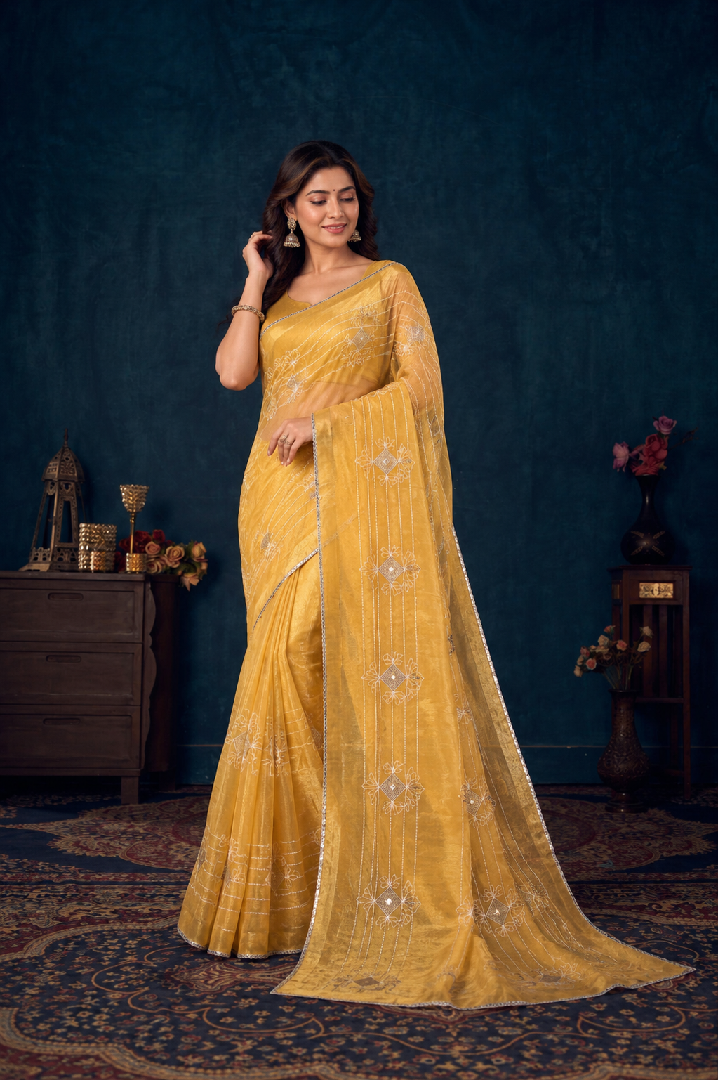 Golden Mustard Embroidered Designer Saree with Elegant Silver Thread Work