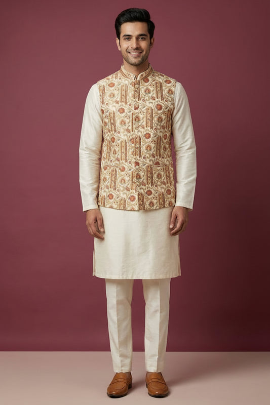 Beige Floral Brocade Nehru Jacket