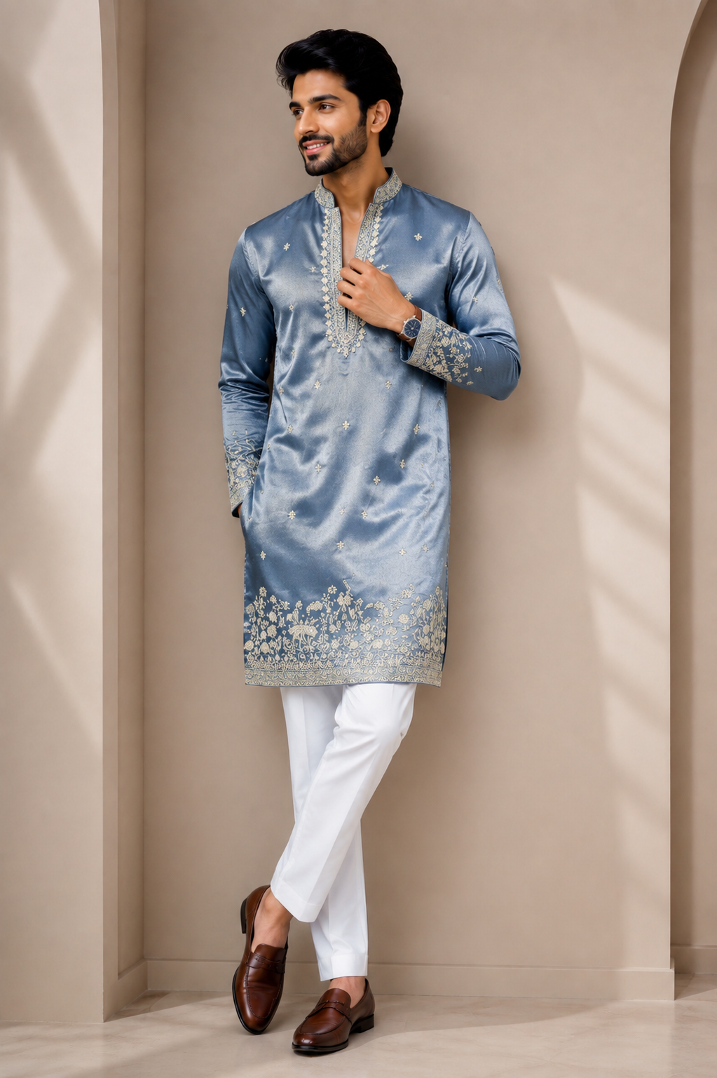 Steel Blue Embroidered Festive Kurta Set