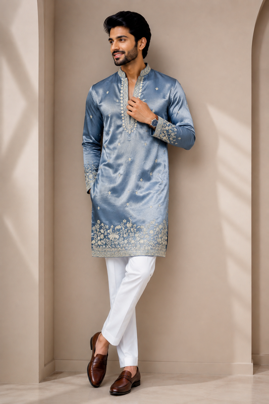Steel Blue Embroidered Festive Kurta Set